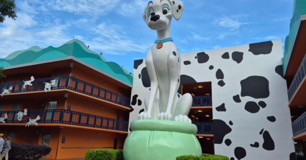 A giant Perdita from 101 Dalmatians watches over the guests