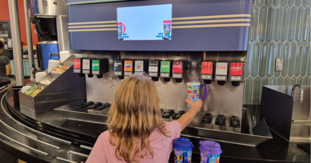 Refilling our mugs at the beverage station in the Premier Food Court