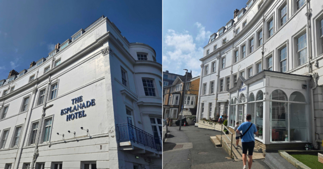 A view of the Esplanade Hotel Scarborough from the front, and with an adult walking towards the entrance