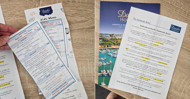 Paperwork upon checking in the Esplanade Hotel Scarborough