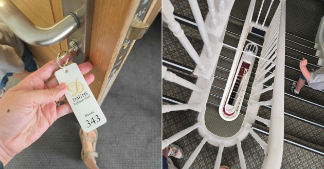 A key getting into the bedroom at the Esplanade Hotel Scarborough as well as the winding staircase
