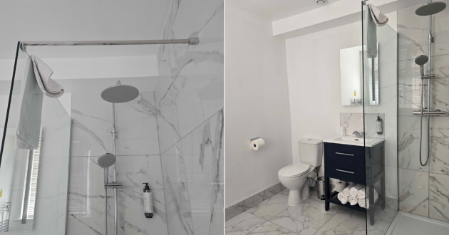 The shower, sink and toilet at the Esplanade Hotel Scarborough in the family room
