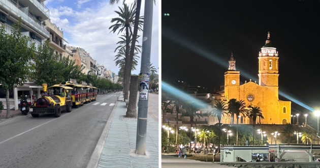 (L) Tourist train at Sitges (R) Church of Sant Bartomeu and Santa Tecla at night