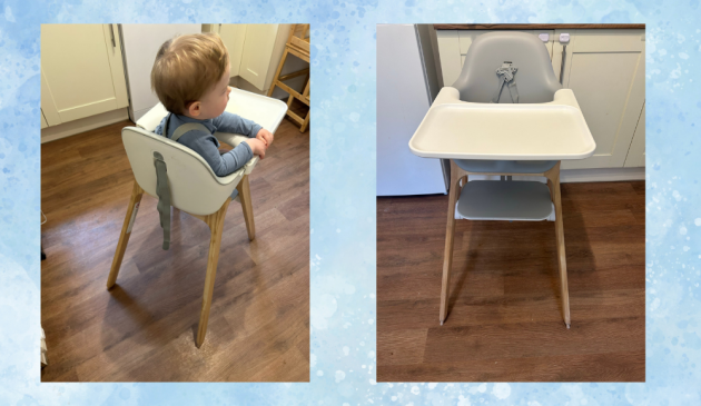 Uppbaby Ciro highchair review image showing front view of highchair and reverse view with baby
