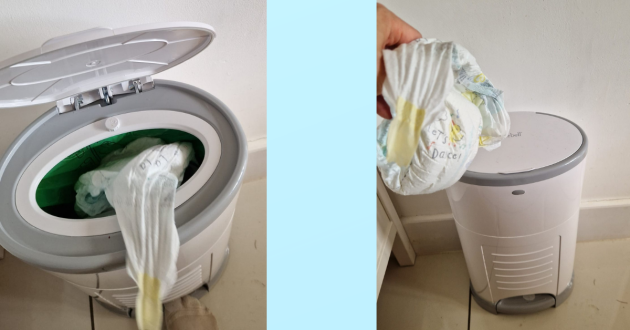 Putting nappies into the Korbell nappy bin