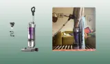 Mumsnet home editor Poppy O'Neill testing the VAX Air Stretch Pet Max Corded Upright Vacuum Cleaner