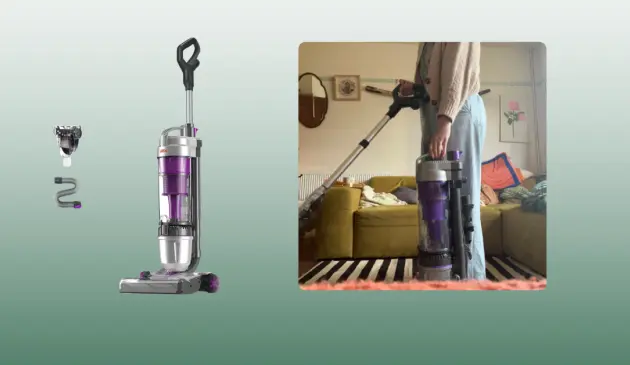 Mumsnet home editor Poppy O'Neill testing the VAX Air Stretch Pet Max Corded Upright Vacuum Cleaner