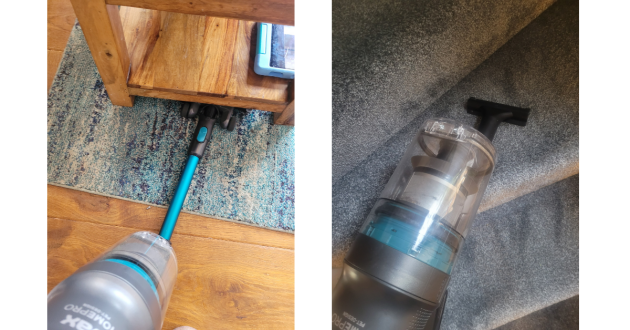 VAX homepro pet vacuum cleaner in use on stairs and under table