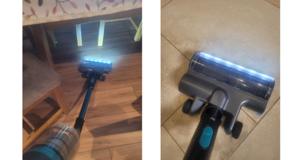 VAX homepro pet design vacuum cleaner in testing showing close up of floorhead on tiles and vacuum under dining table