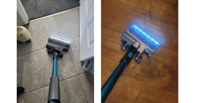 VAX homepro vacuum in use on hardwood floor and bathroom tiles