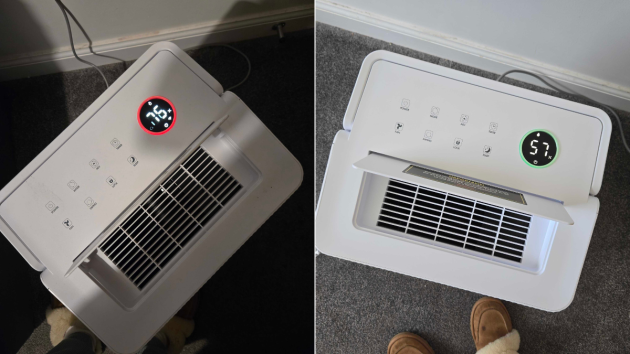 Two top-down views of the dehumidifier’s control panel. Left: the display reads 76 with a red ring. Right: the display reads 57 with a green ring