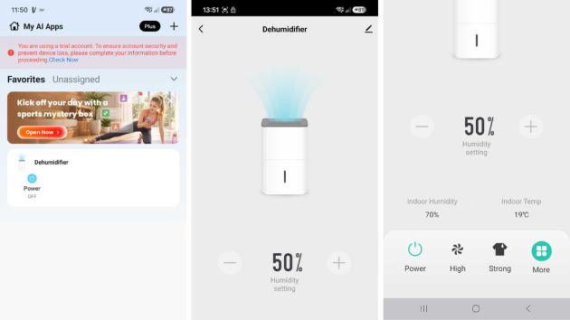Three smartphone screenshots of the dehumidifier’s app: the home screen with the dehumidifier listed as off, the control screen with a 50% humidity setting, and a screen showing indoor humidity of 70% and indoor temperature of 19°C with Power, High, Strong and More buttons