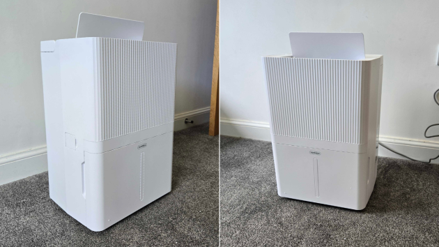 Two side-by-side angled views of the white dehumidifier on grey carpet, with the air outlet flap raised and a drain outlet visible on the side panel