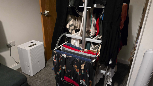 The white dehumidifier plugged in beside a door, next to a clothes airer packed with drying laundry