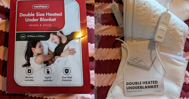 Vonhaus electric blanket inside box and unboxed