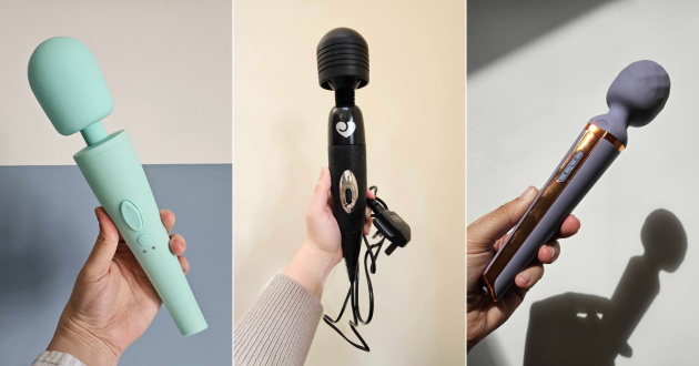A picture grid of Mumsnet editor Rebecca holding wand vibrators from Unbound, Lovehoney and Ann Summers