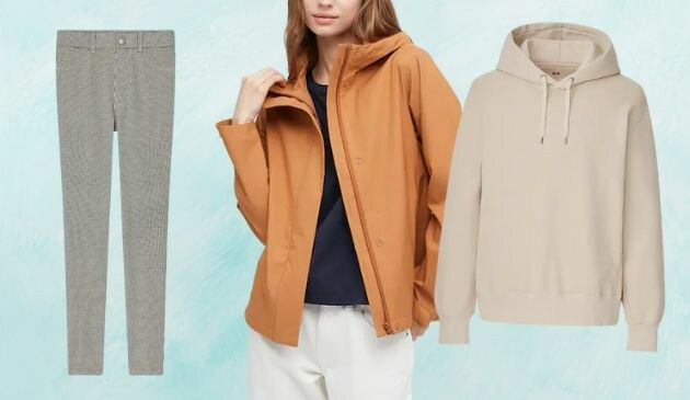 printed leggings, blocktech raincoat and hoodie