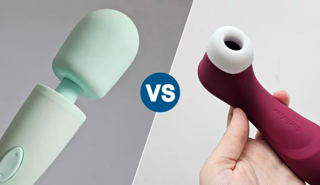 A side by side comparison of a wand vibrator and a clit sucker toy with a VS symbol in the middle
