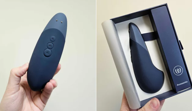 Side by side images of the Womanizer Vibe lay-on vibrator, on the left out of its box and on the right, in its box