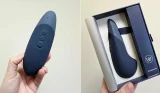 Side by side images of the Womanizer Vibe lay-on vibrator, on the left out of its box and on the right, in its box