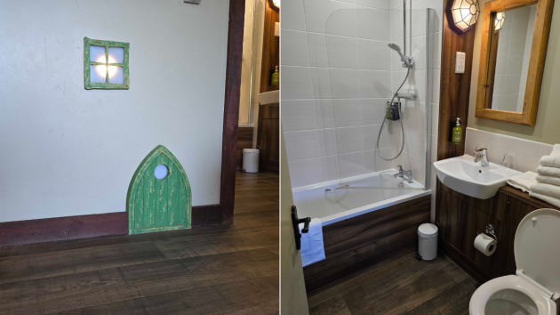 Detailing in the Woodland Lodge room and next to it, the bathroom for a family