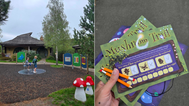 Children play in a playground and on the right, a hand holds a trail map