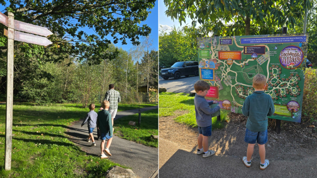 Two images showing a father and two children walking down a path and two children looking at a map
