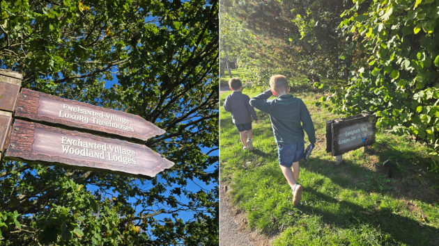 Two children follow signs in Enchanted Village