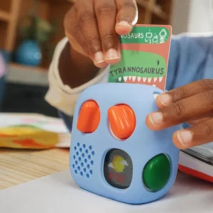 Yoto Mini 4th Gen Portable Kids Audio Player: close up of blue player with child placing card