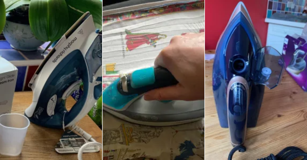 An image grid of three steam irons being tested by Mumsnet
