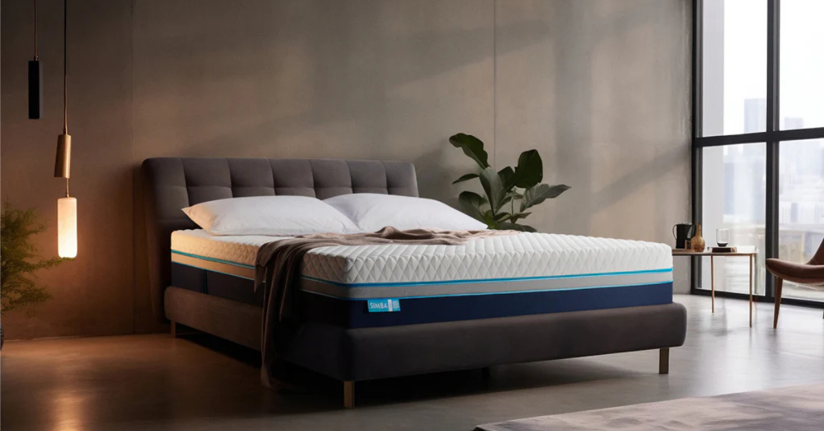 A hybrid mattress on a bed in a moodily lit bedroom