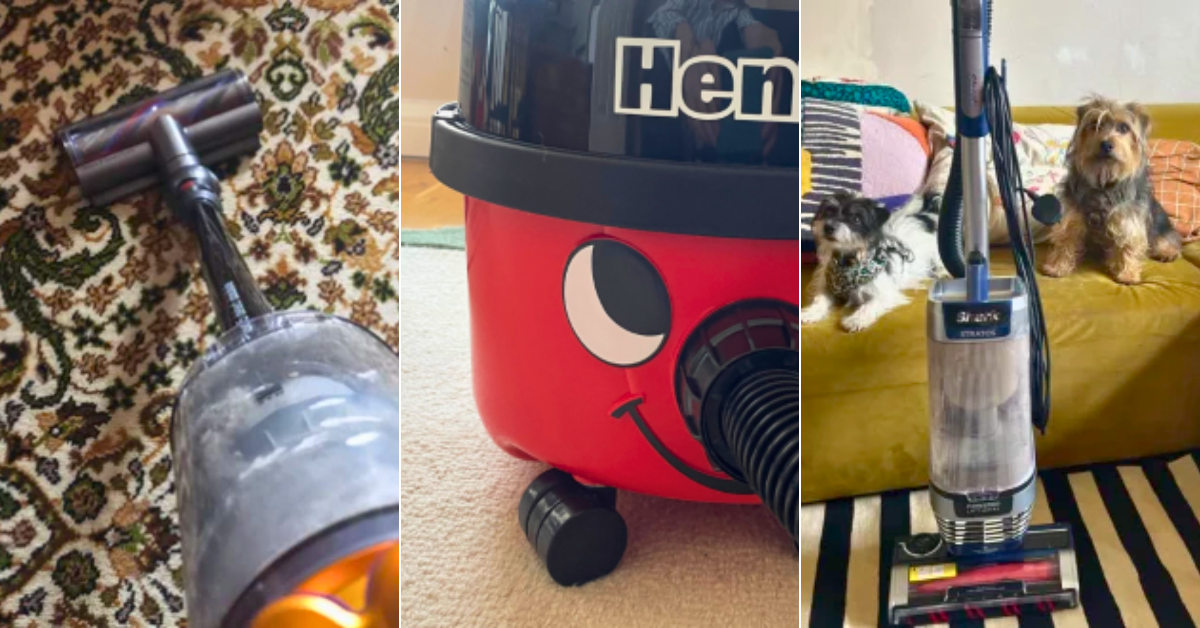 A grid of a Dyson, Henry and Shark vacuum cleaner in real tester homes