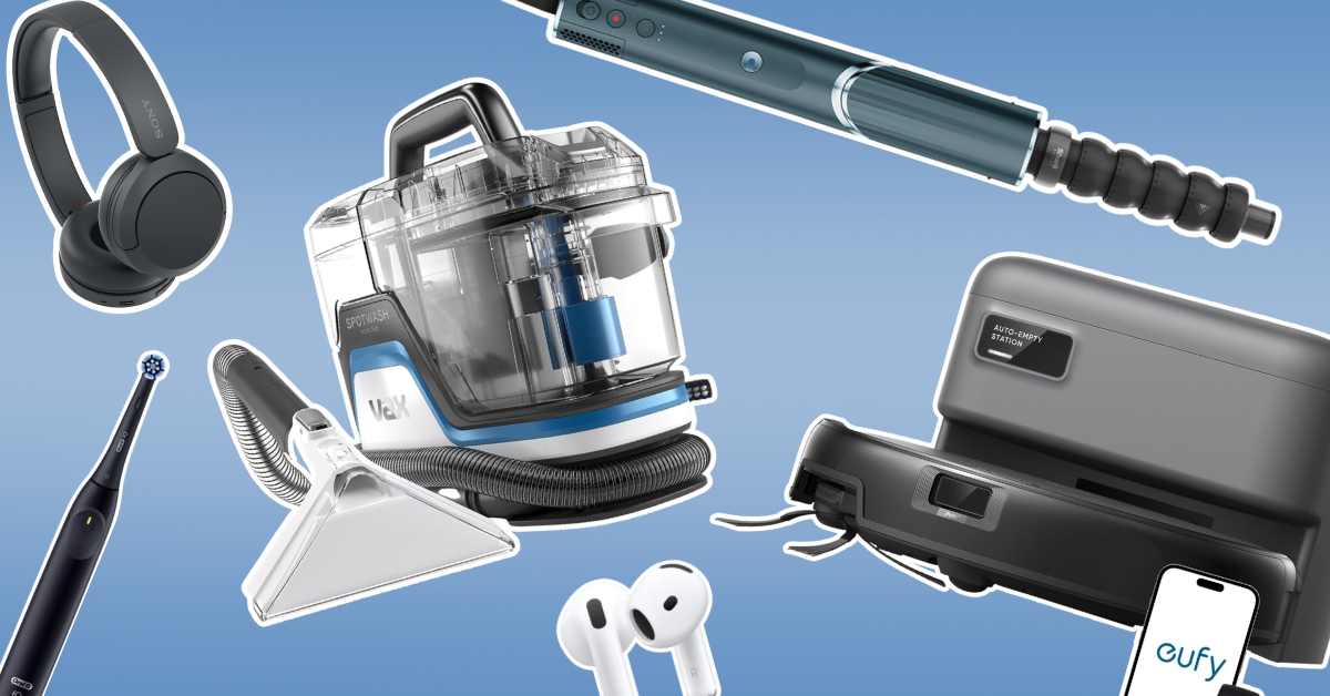 A collage of products on sale in the Amazon Prime Day Event - including Vax, eufy, Shark, Sony and more